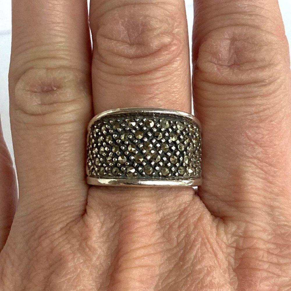 Sterling Silver 925 Marcasite 14MM Wide Band Statement Ring Size 7.5